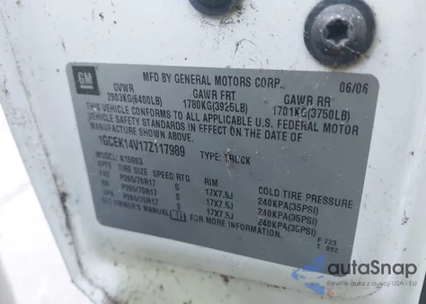 2007 Chevrolet Silverado 1500 Classic Lt1 from USA, damaged, VIN 1GCEK14V17Z117989